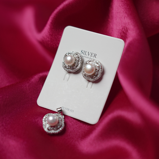 Elegant Pearl & Zircon Silver Jewelry Set