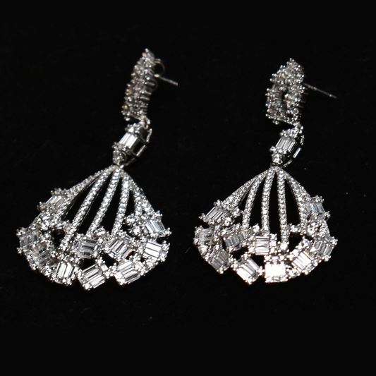 925 Sterling Silver Baguette Diamond Fan Earrings – Royal Sparkle for the Modern Diva